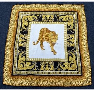 Vintage Atelier Versace Leopard Print Barocco Baroque Black & Gold Silk Scarf